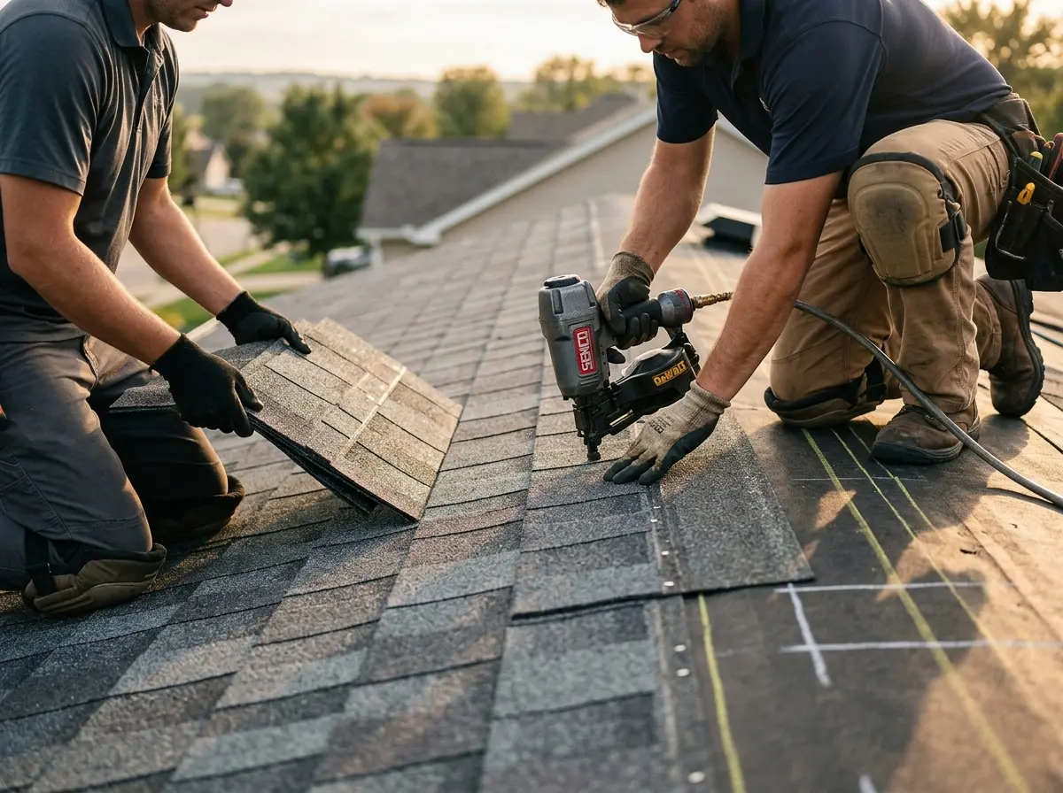 Professional roofer working on a residential roof in Suisun City
